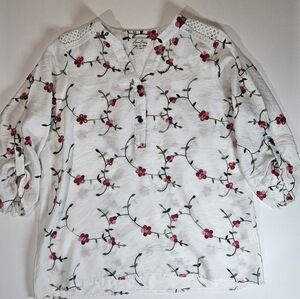 Anneliese Embroidered‎ Womens Blouse Medium White Pink Floral Boho Cottagecore